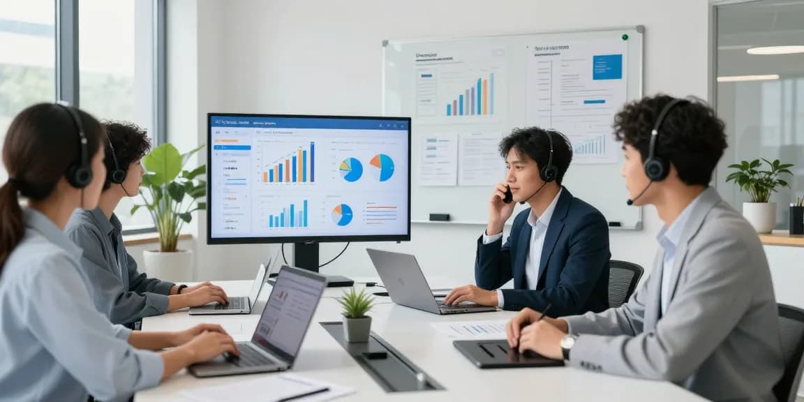 Team collaborating around a cloud based phone system in a modern office, showcasing professional engagement and technology.