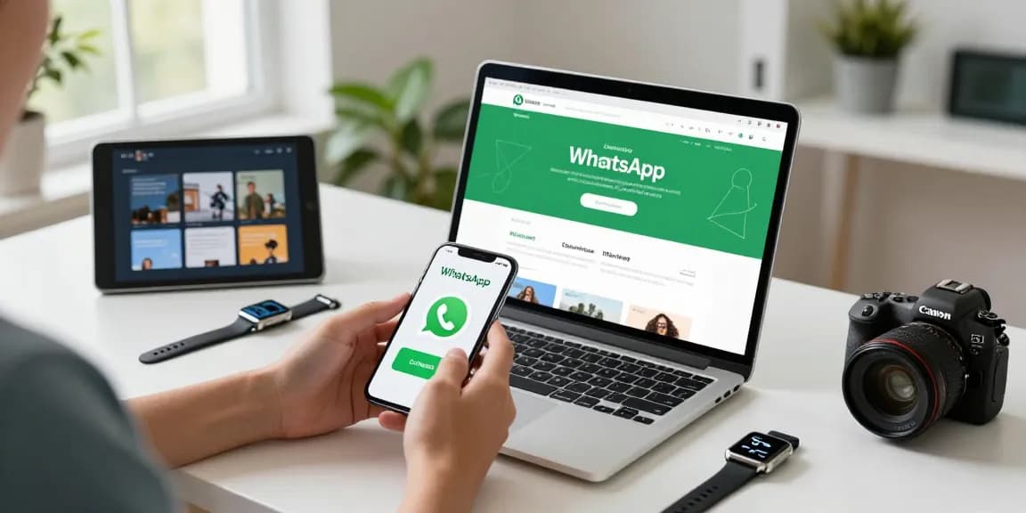 Downloading WhatsApp下載 on a sleek desk with tech gadgets and natural lighting.