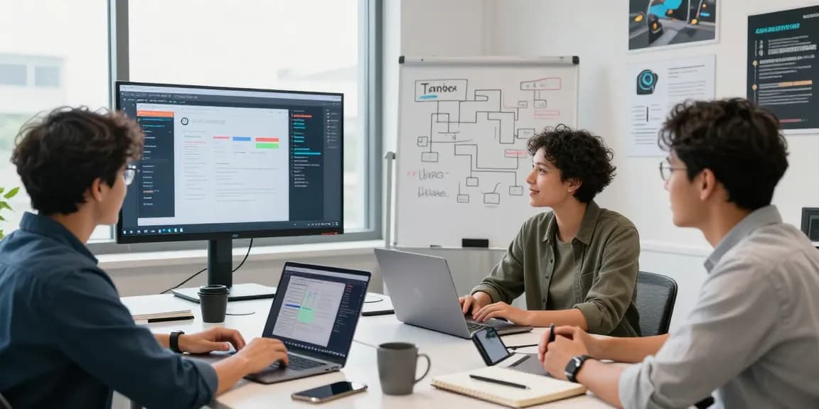 Build internal tools with AI in a collaborative office scene featuring a diverse team working with laptops and AI-driven tools.
