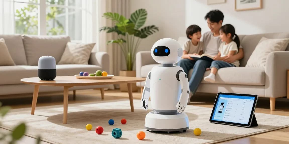 Home robot organizing toys in a modern living room while family relaxes on the couch.