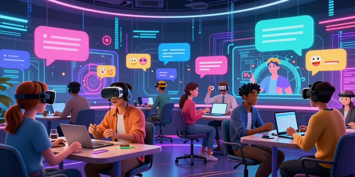 Engaging virtual chatroom featuring diverse avatars discussing 18+ AI technology with colorful graphics and lively interaction.