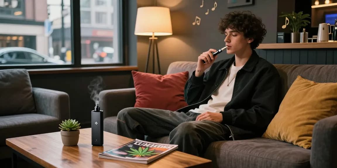 Young adult enjoying thc vapes in a cozy urban lounge with stylish decor.