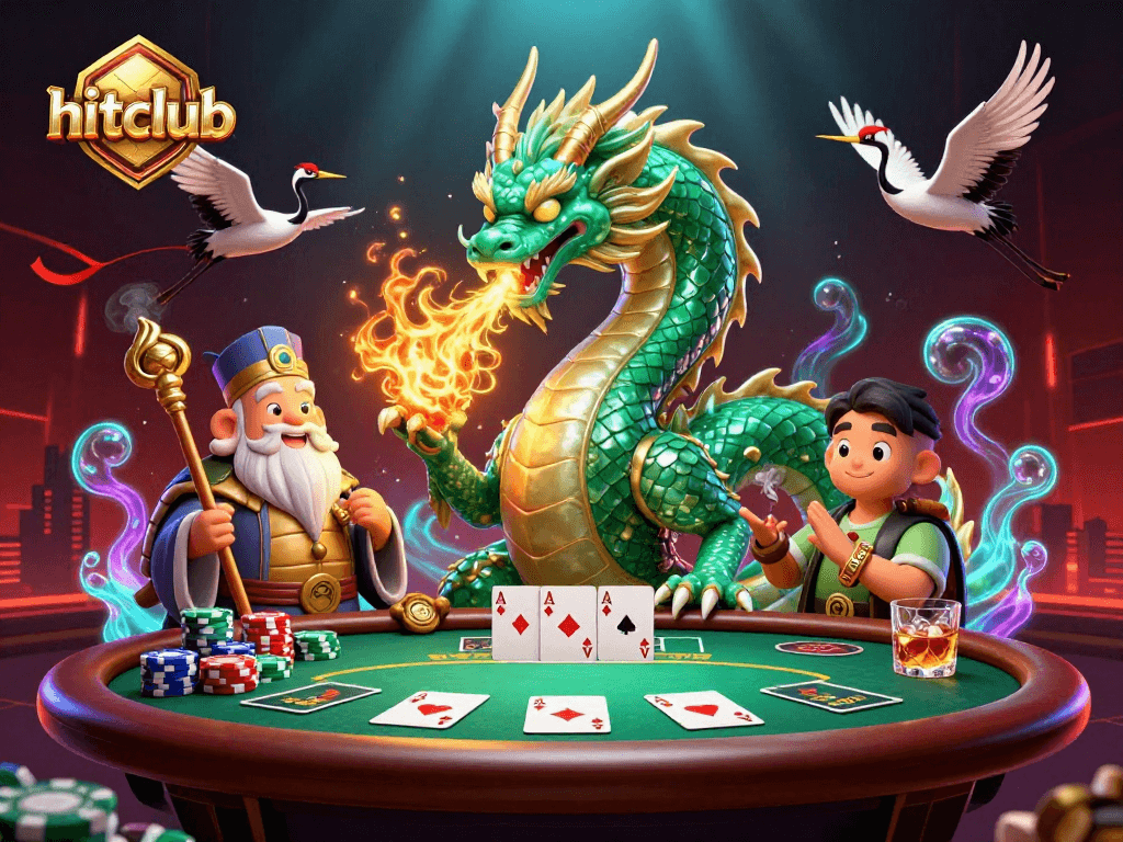 Experience hitclub excitement with a vivid 3D illustration of a poker scene featuring a jade dragon and lucky cranes.