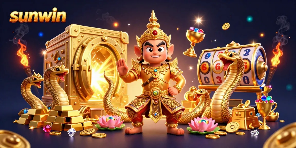 Sunwin captures the excitement of casino gaming with a vibrant guardian and glimmering treasures.