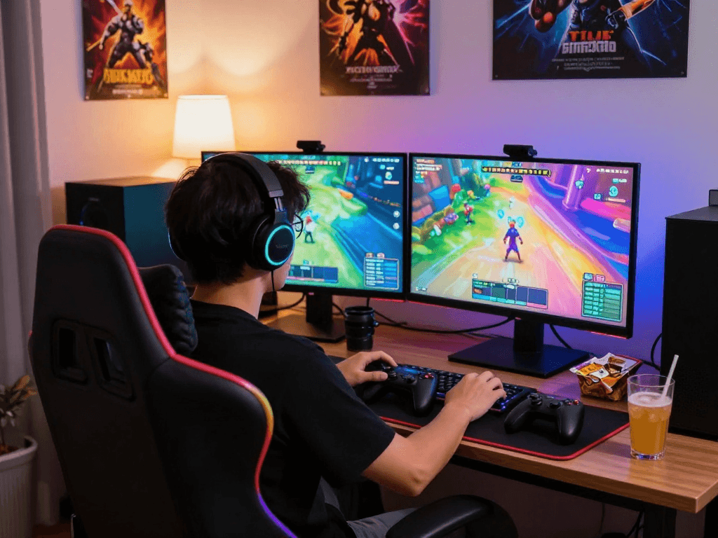 Player enjoying a vibrant porn game on a dual-screen setup in a cozy room, highlighting interactive gameplay.