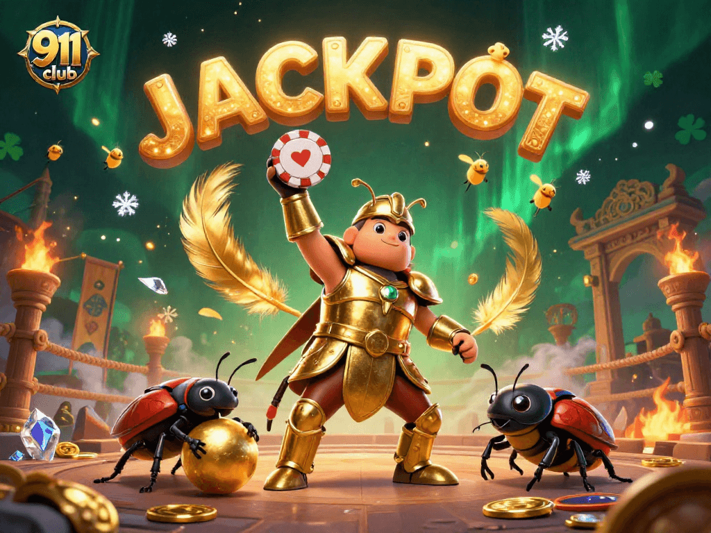 Experience the thrill of 91club with a victorious beetle lifting a poker chip amid vibrant casino elements.