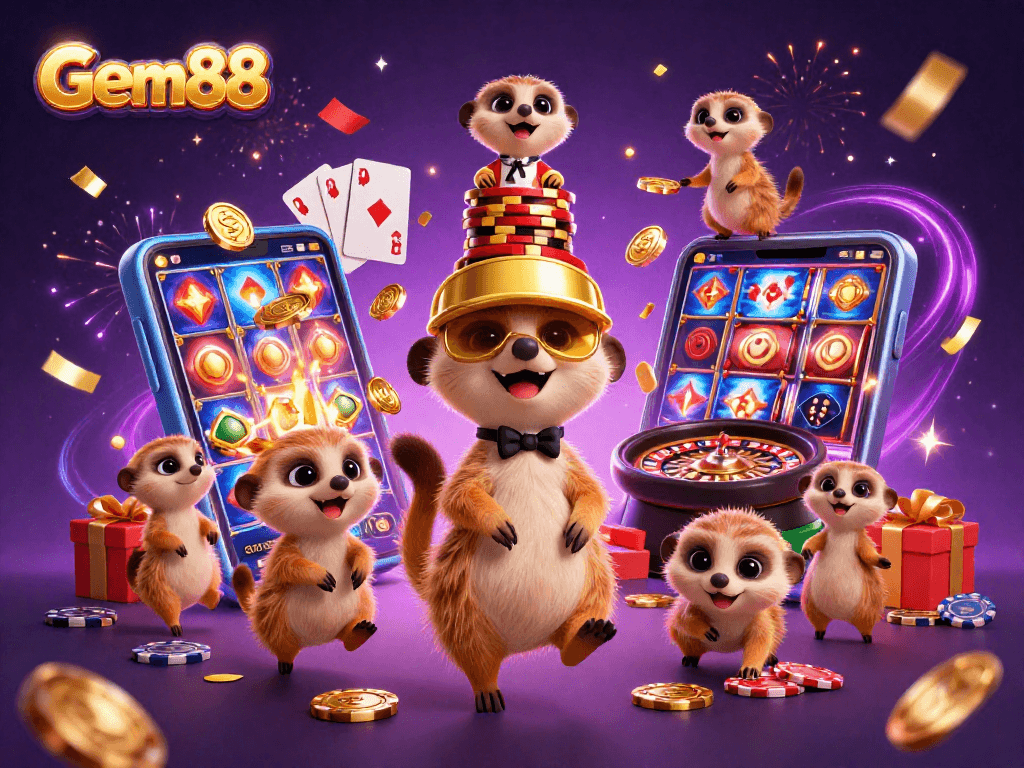 Experience the excitement of Gem88 with animated meerkats in a vibrant casino setting.