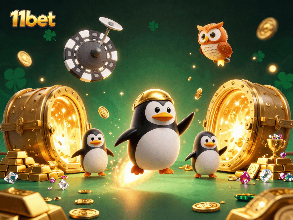 Experience excitement at 11bet with a golden penguin launching into a casino adventure.