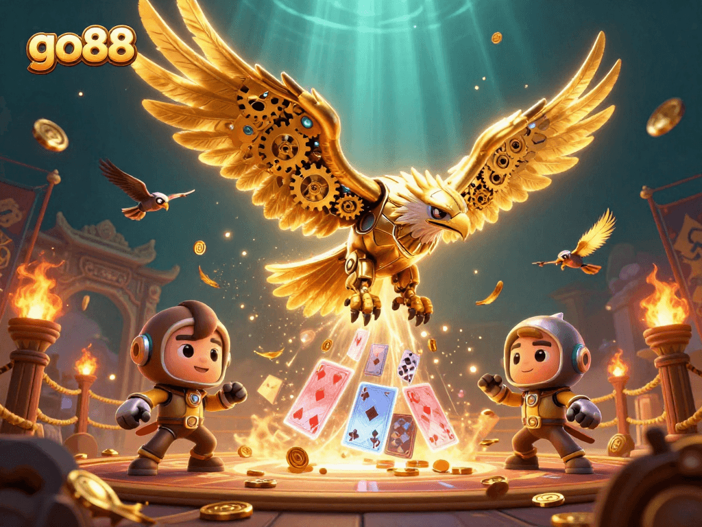 Engage with go88's vibrant casino world featuring a dynamic 3D golden eagle amidst dazzling gaming elements.