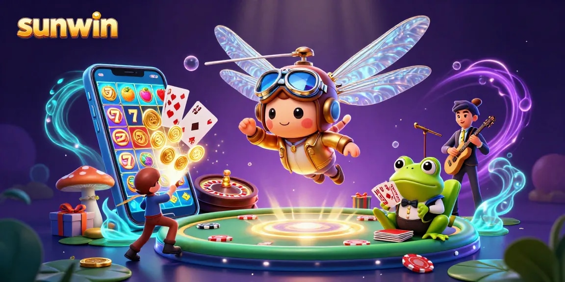 Experience the excitement of sunwin with a vibrant casino scene featuring musical characters and dynamic gaming elements.