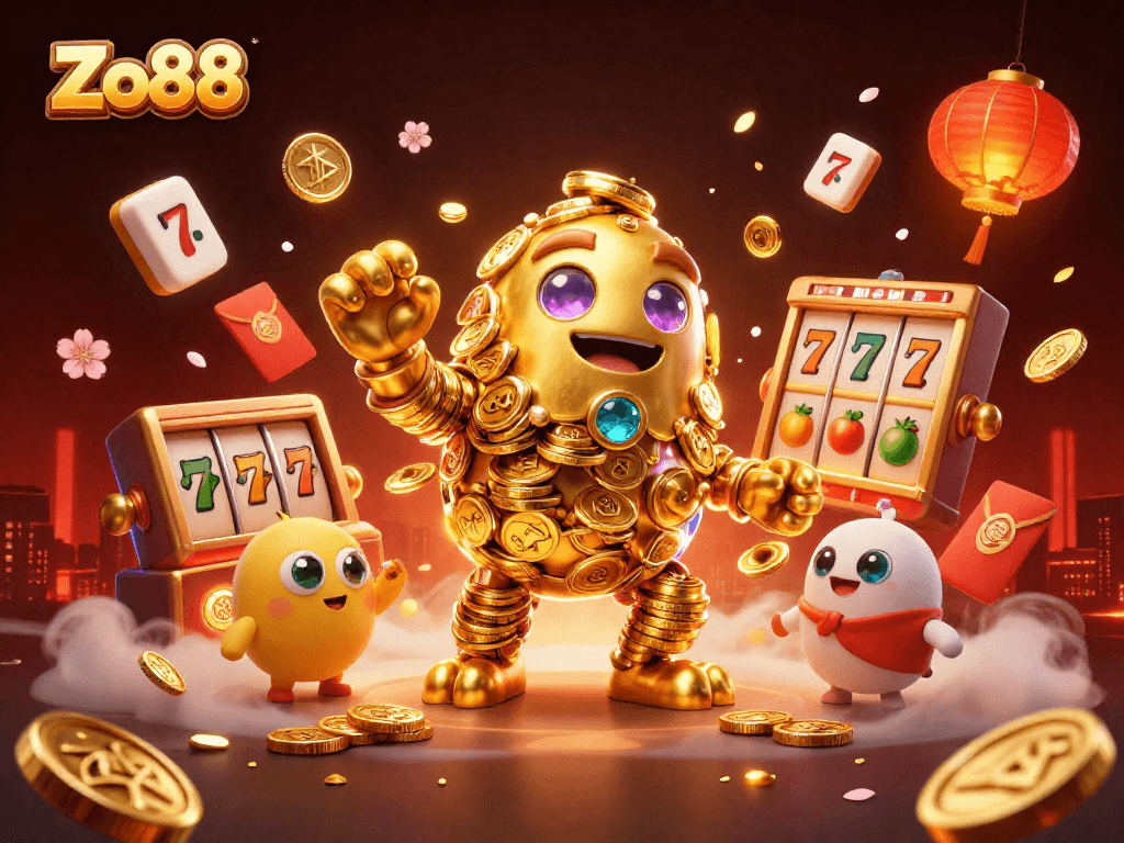 Experience thrilling gameplay with Zo88 at this vibrant 3D casino illustration showcasing a golden golem, vibrant slot reels, and festive decorations.
