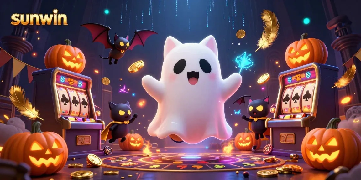Experience the thrilling world of sunwin with a friendly ghost cat in a vibrant casino setting.