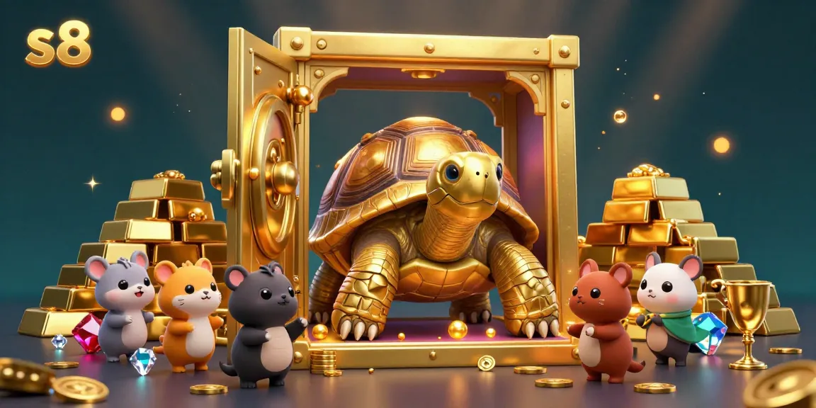 Experience thrilling wins at s8 with a colossal golden tortoise pinball machine surrounded by treasures and eager players.