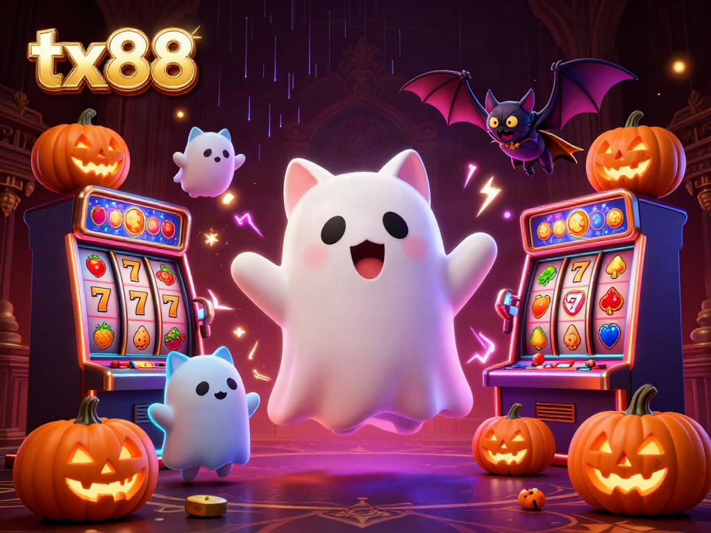 Experience tx88 with a friendly ghost cat and bat in a haunted casino scene full of slot reels and vibrant elements.