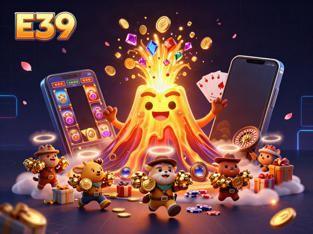 E39 casino scene showcasing a golden volcano erupting treasures, slot games and vibrant colors for gamblers.