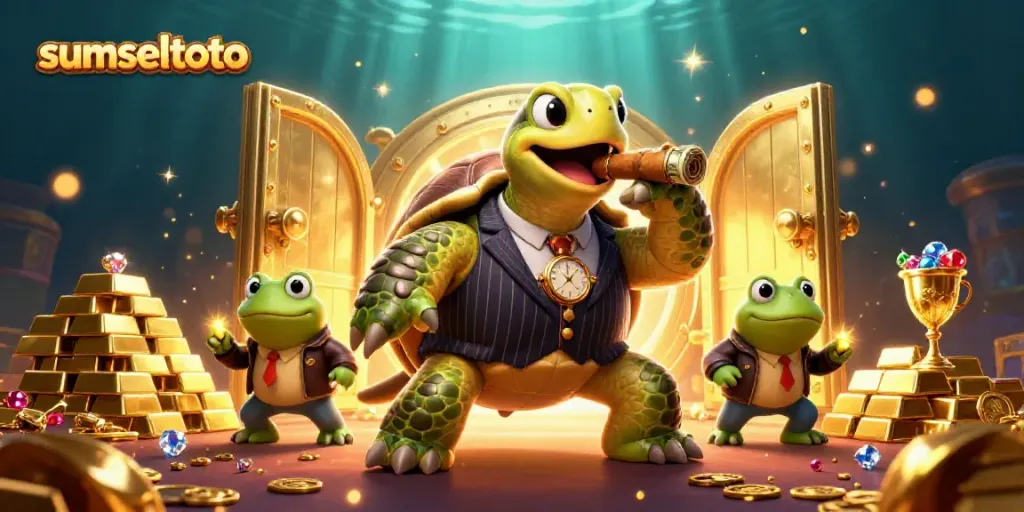 Sumseltoto captures the excitement of a casino scene with a snapping turtle mobster and bullfrog enforcers.