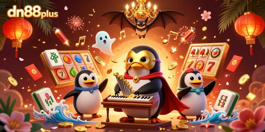 Experience thrilling wins at dn88plus with a dynamic scene of slots, golden coins, and 3D characters.