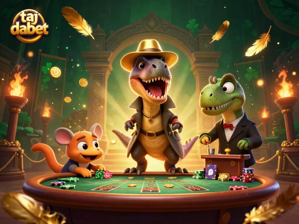 Engage in thrilling games at dabet with various characters surrounded by dynamic casino elements.