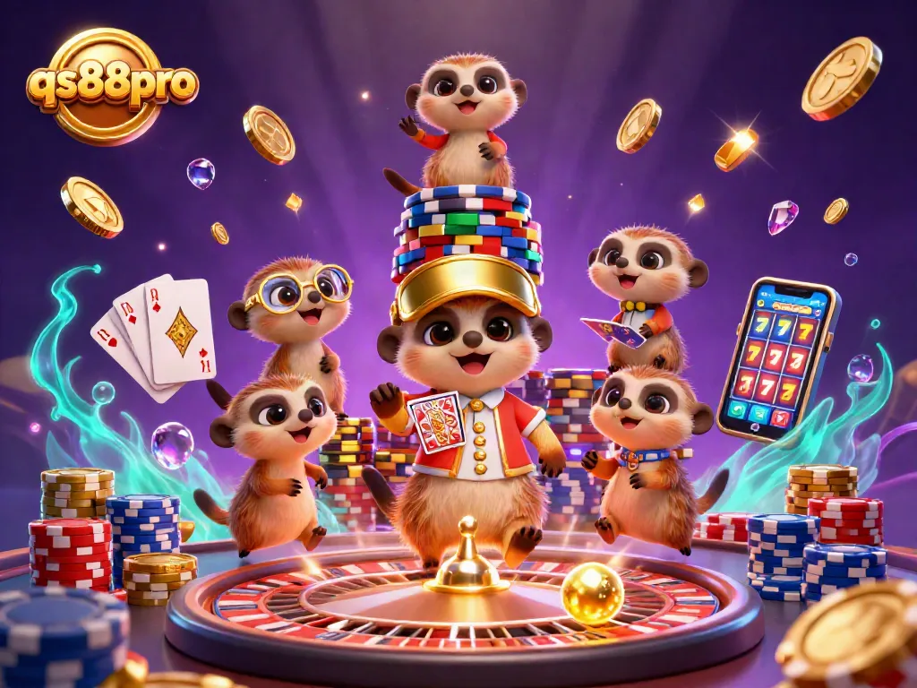 Engage with qs88pro's vibrant 3D cartoon portrayal capturing meerkats in a lively casino scene brimming with winning excitement.