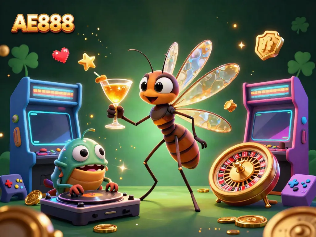 Experience the thrilling AE888 gaming world with a vibrant casino mascot and dynamic elements.