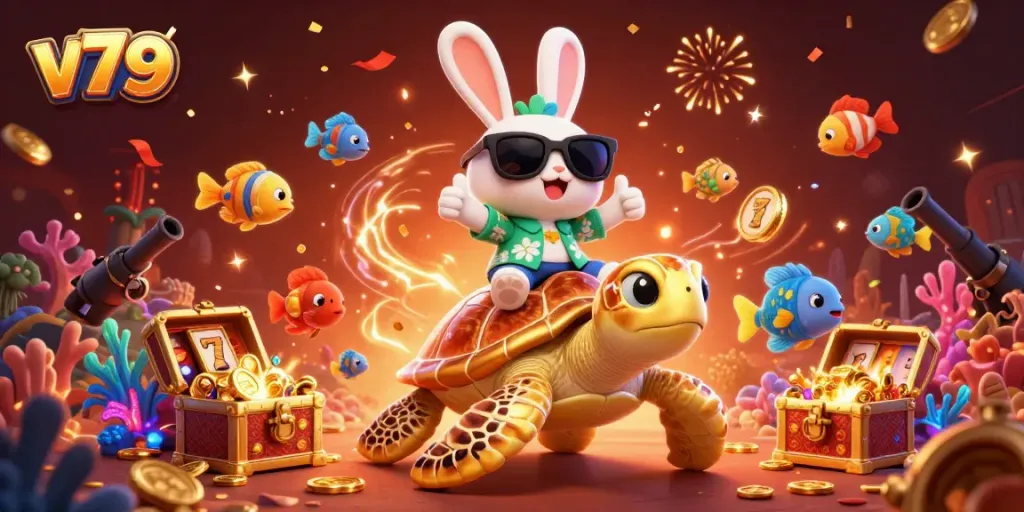 Experience the thrill of winning with v79, featuring a lucky rabbit and golden turtle in a vibrant casino scene.