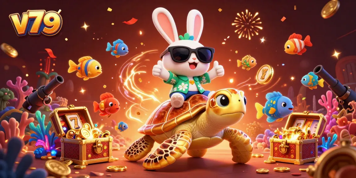 Experience the thrill of winning with v79, featuring a lucky rabbit and golden turtle in a vibrant casino scene.