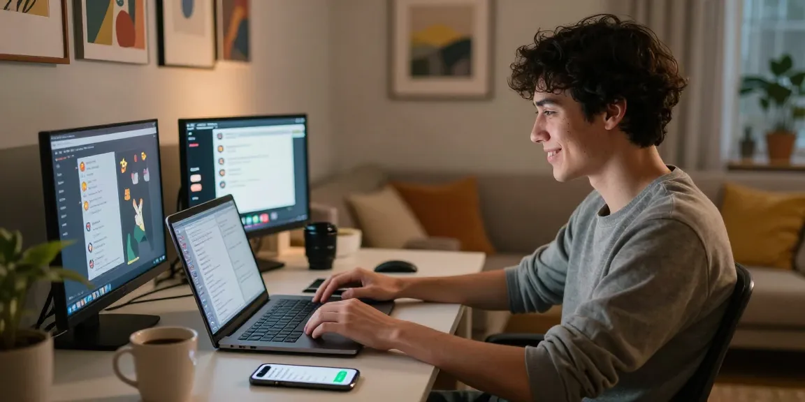 Engaging individual using nsfw ai chat on a cozy home office desk with digital conversation elements.
