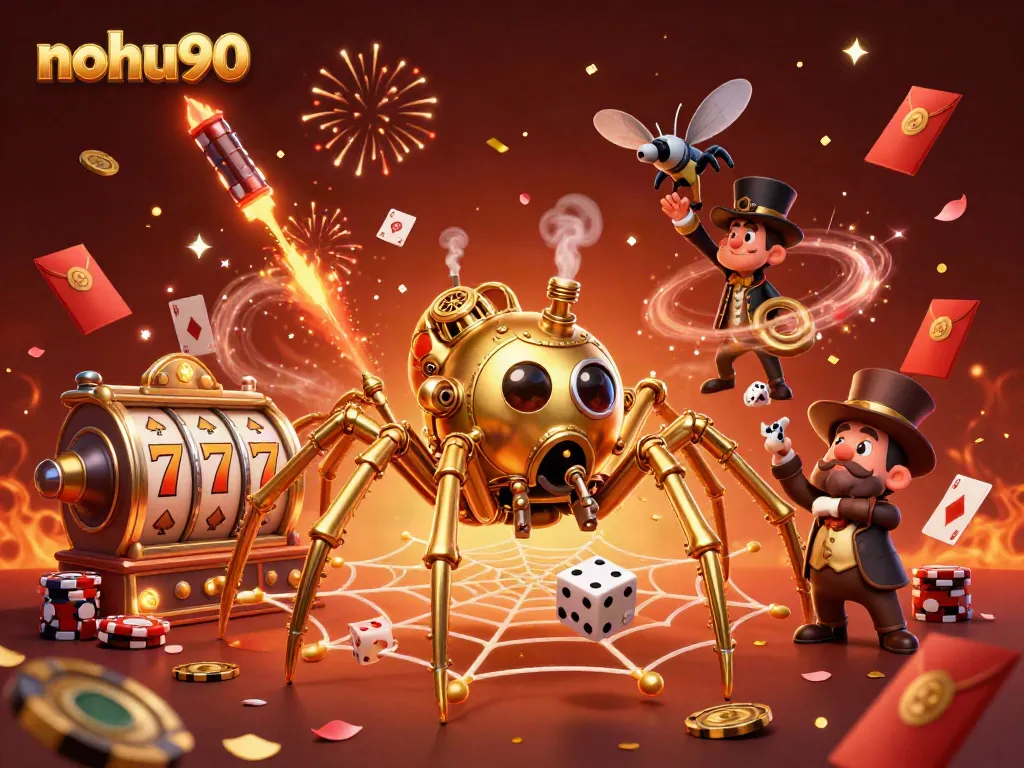 Experience thrilling gameplay with nohu90's captivating 3D casino scene featuring steampunk spider and vibrant game elements.