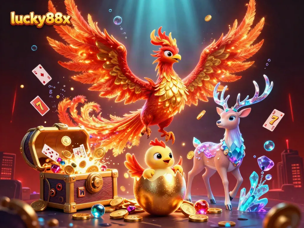 Experience lucky88x with a dynamic image of a colorful phoenix and casino elements exploding with excitement.