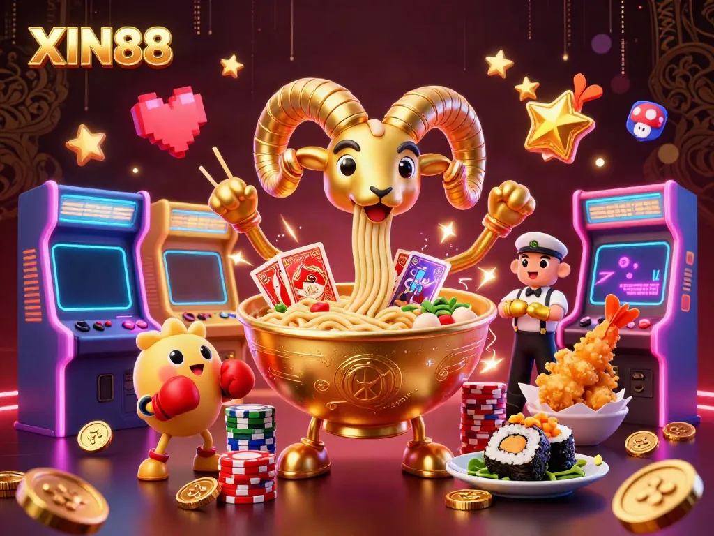 XIN88 presents a vibrant 3D casino scene with a giant ramen bowl dealer and colorful gaming elements.