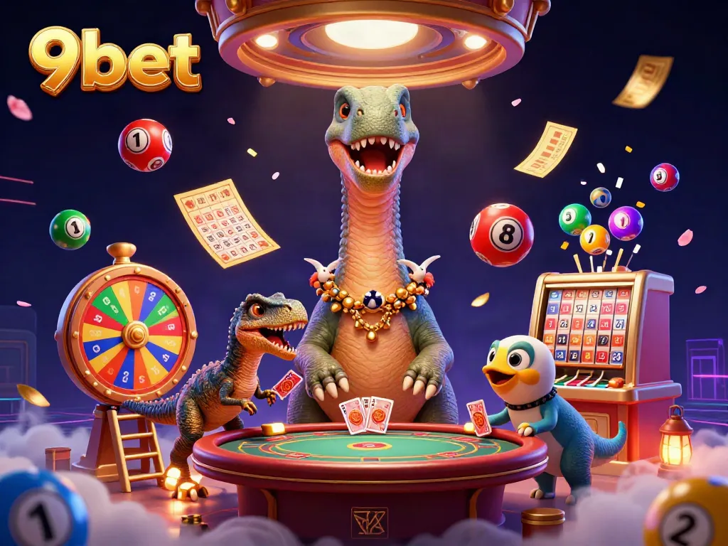 Engage with thrilling 9bet action through a vibrant 3D cartoon illustration showcasing unique casino elements and characters.
