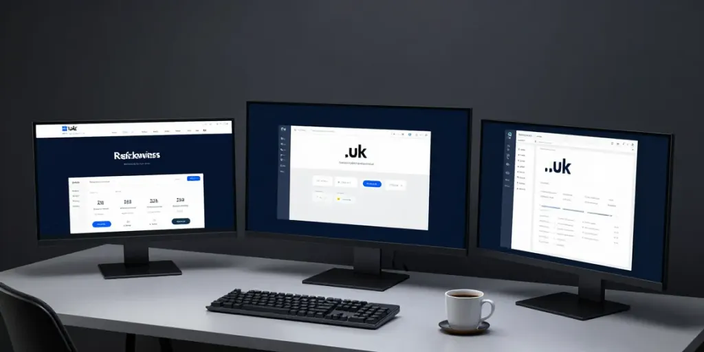 .uk domain registration workspace with multiple monitors showcasing domain services technology.