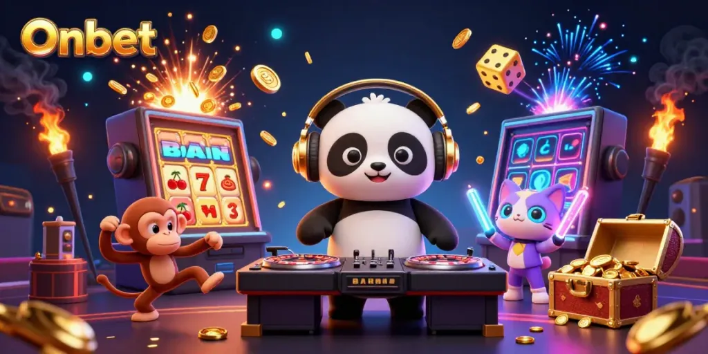 Experience thrilling Onbet gaming with a dynamic 3D scene of a DJ panda and friends amidst casino excitement.