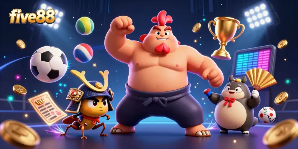 Experience the energy of five88 with dynamic 3D characters and betting elements in a vibrant casino scene.