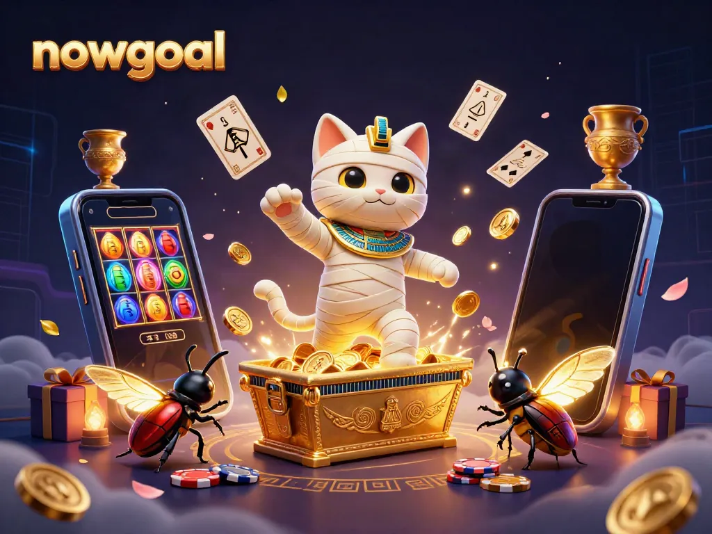 Engage with fast-paced gambling action at nowgoal, featuring a vibrant 3D scene with a mummy cat and glowing elements.