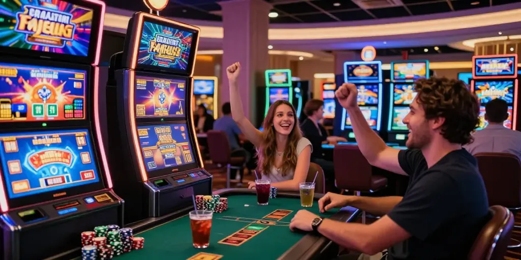 Players exploring non gamstop casinos, celebrating wins at vibrant slot machines in a modern casino.