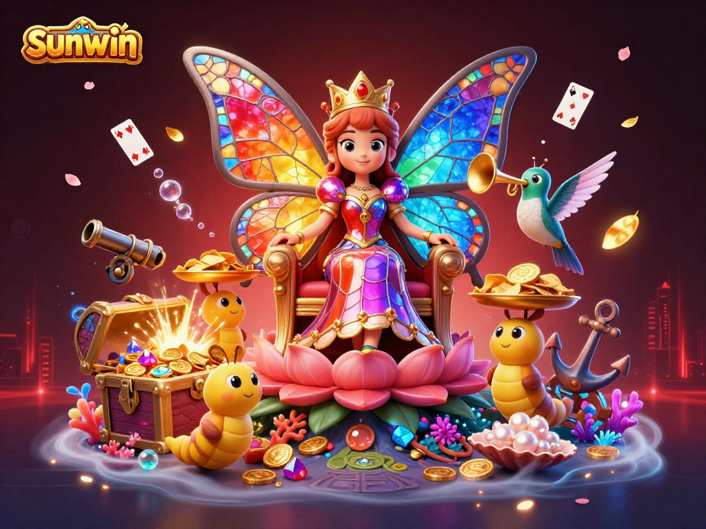 Experience the vibrant world of sunwin with golden chips and a butterfly queen in a rich casino scene.