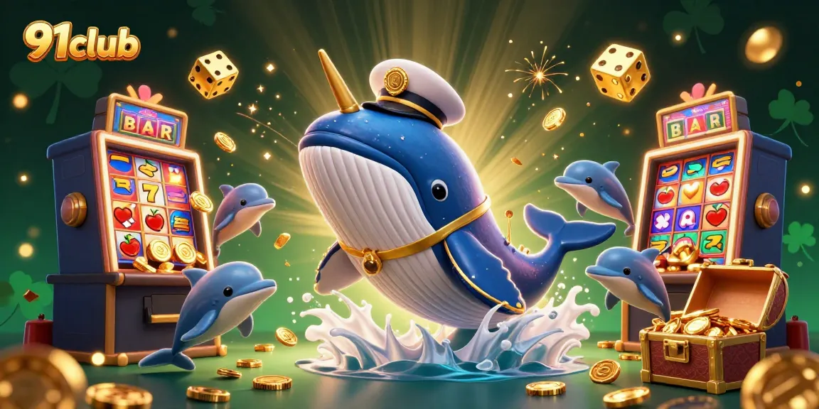 Engage with the 91club experience featuring a cartoon whale and action-packed casino elements.