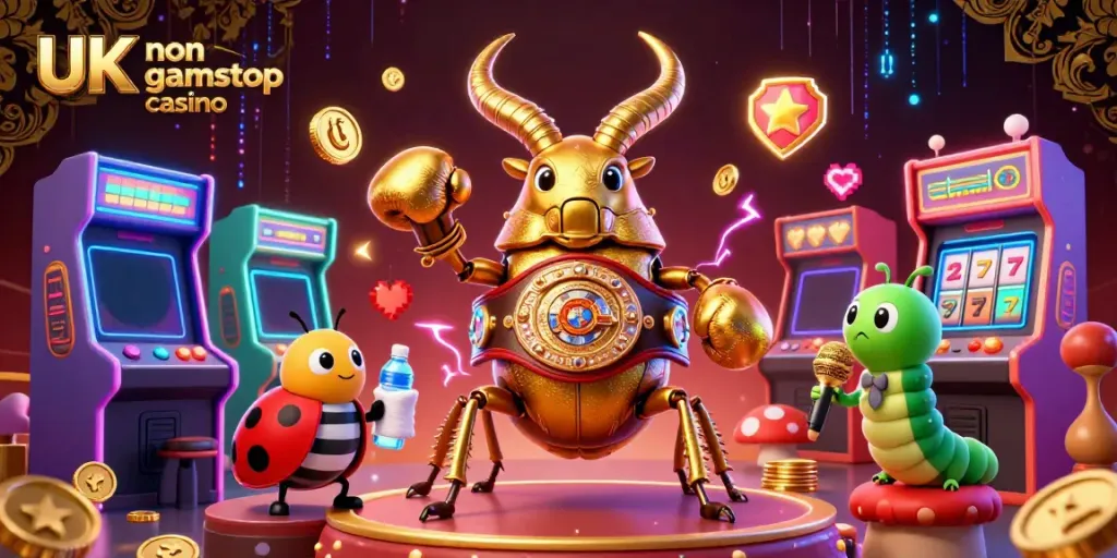 Engage with the thrilling UK non gamstop casino scene featuring glowing game machines and vibrant characters.