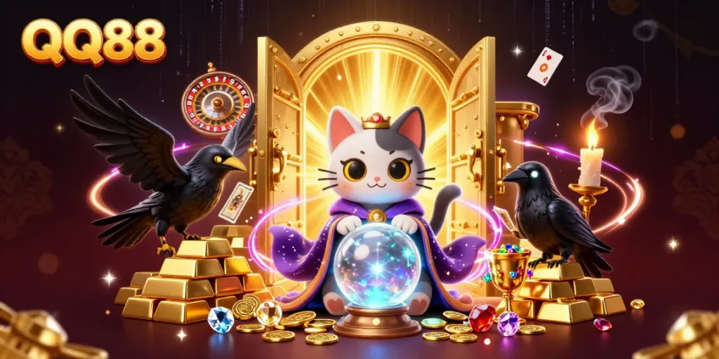 Engage in thrilling QQ88 gaming with fortune teller cat, raven, and sparkling treasures in 3D illustration.