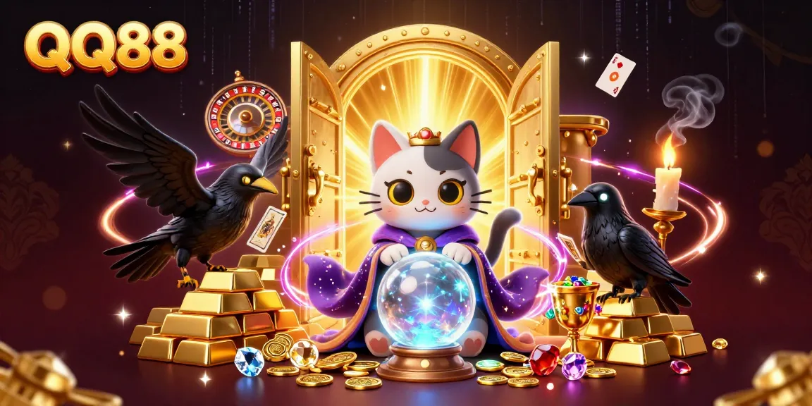 Engage in thrilling QQ88 gaming with fortune teller cat, raven, and sparkling treasures in 3D illustration.