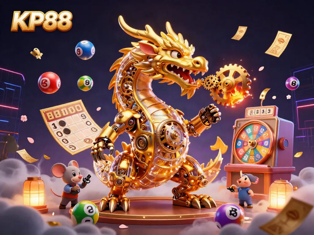 Experience the excitement at KP88 with vibrant lottery elements and a dynamic gold dragon.