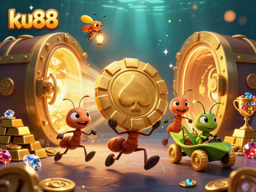 ku88 supercharges the excitement with ants heisting chips in a vibrant casino scene full of treasure.