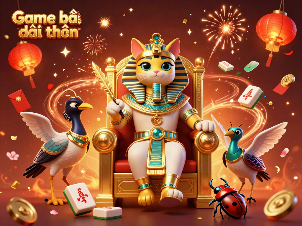 Engaging scene of Game bài đổi thưởng with an Egyptian pharaoh cat, mahjong tiles, and festive elements.