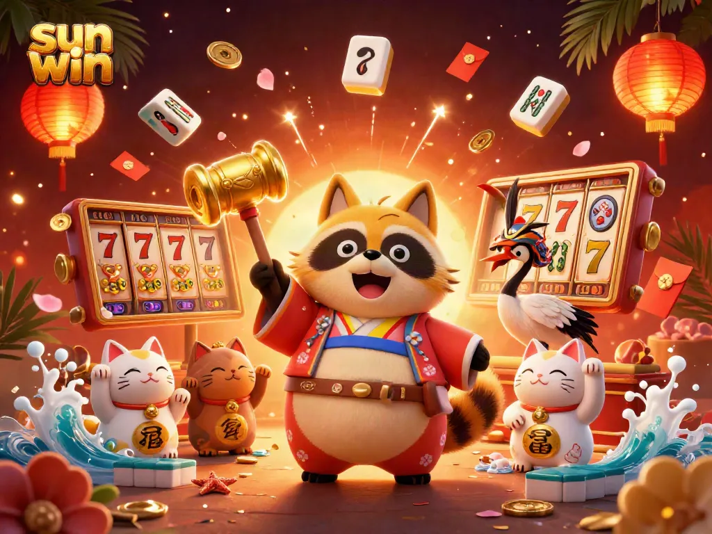 Spin the reels at sun win with a joyful tanuki, maneki-neko, and vibrant casino elements.