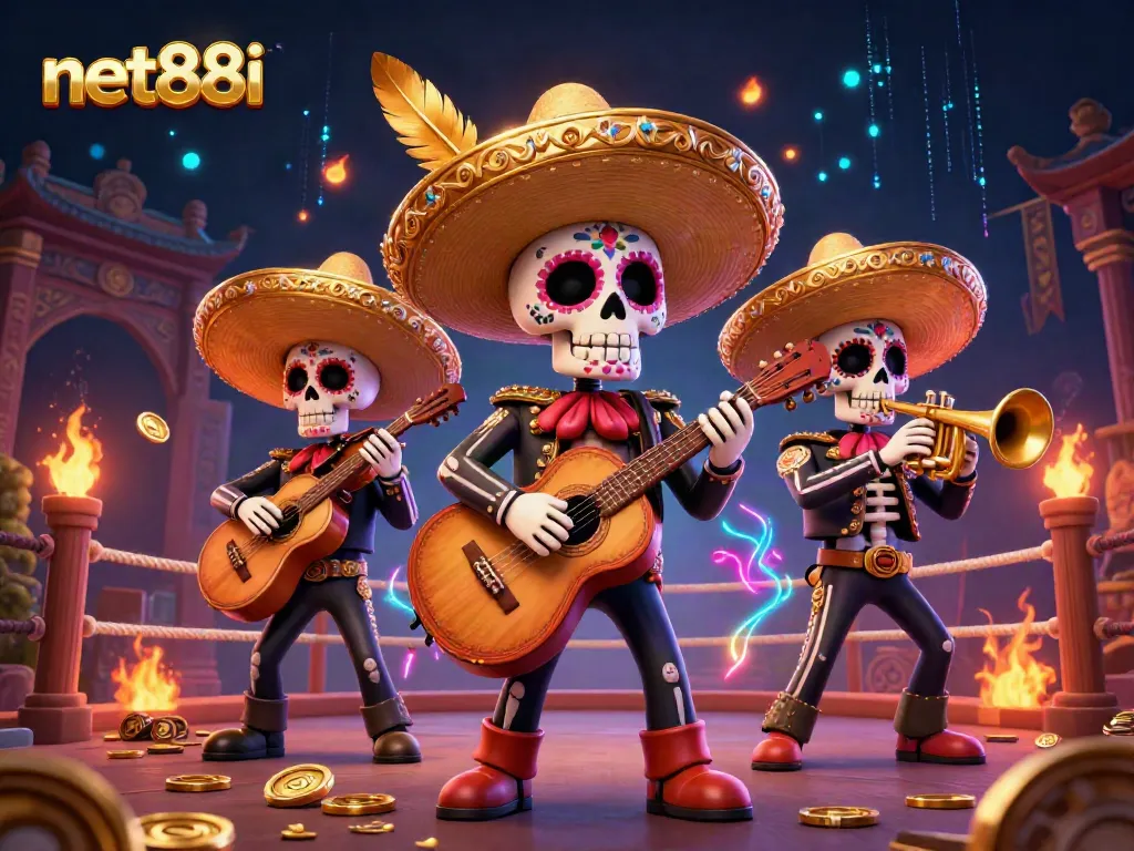 Experience the thrill of net88i with a vibrant 3D illustration of a lively mariachi band amidst casino elements.