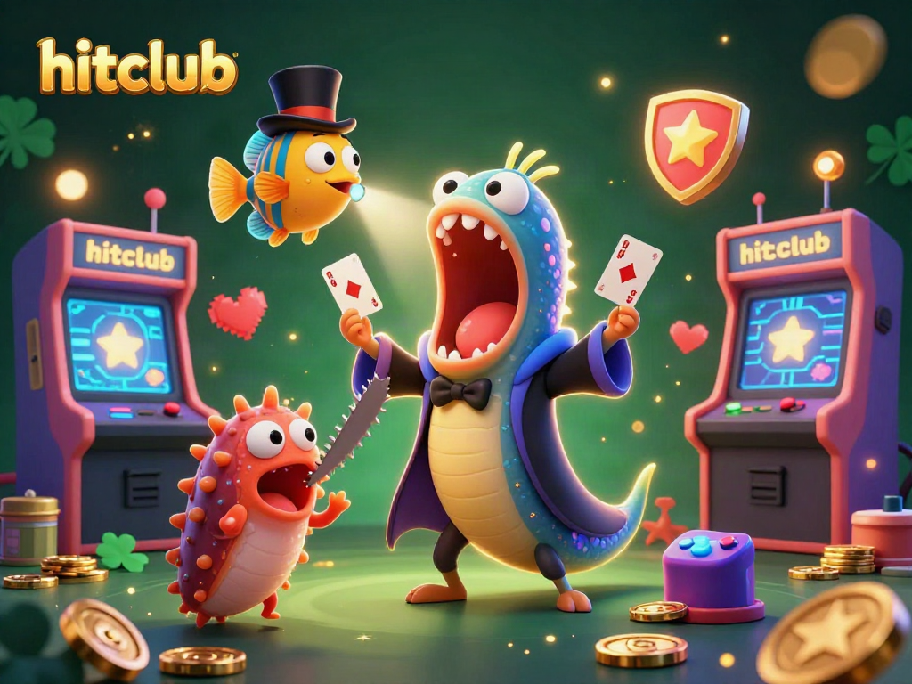 Engage with hitclub's thrilling gaming scene featuring vibrant 3D characters and arcade elements.