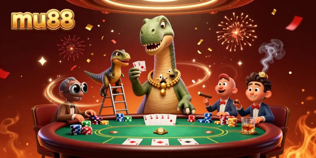 Join the exhilarating action at mu88 with a cartoon brontosaurus overseeing a lively poker game.