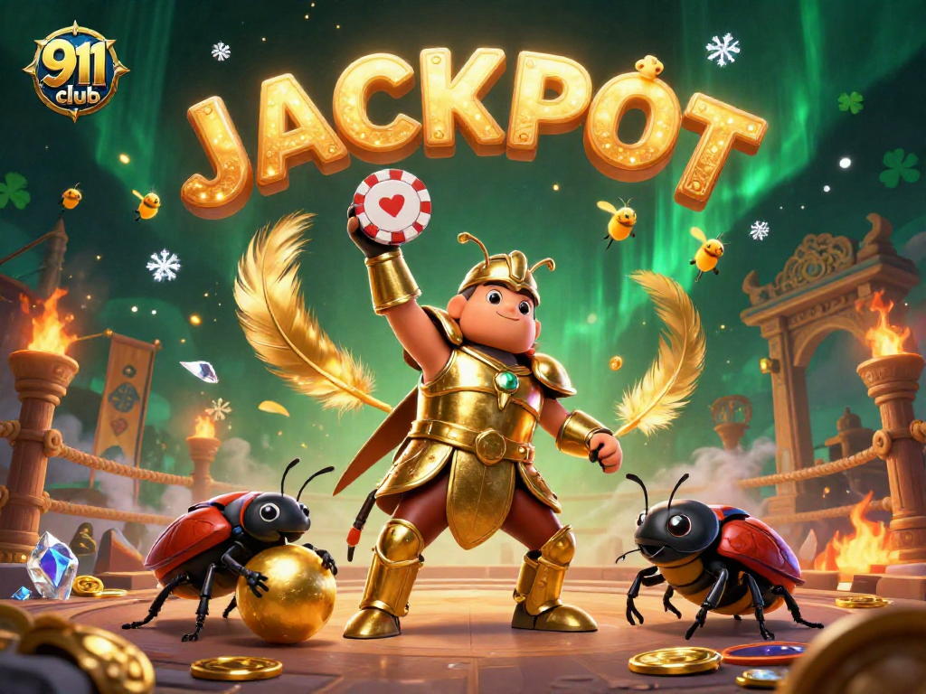 Experience the thrill of 91club with a victorious beetle lifting a poker chip amid vibrant casino elements.