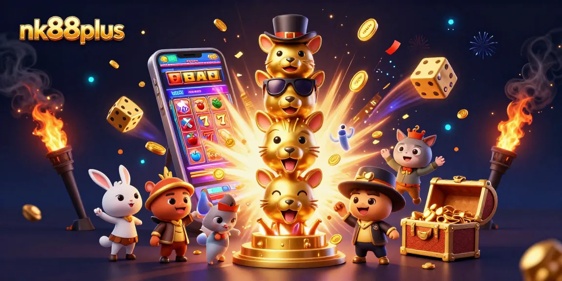 Spin the colorful slot machine for big wins at nk88plus, featuring vibrant casino symbols and engaging game elements.